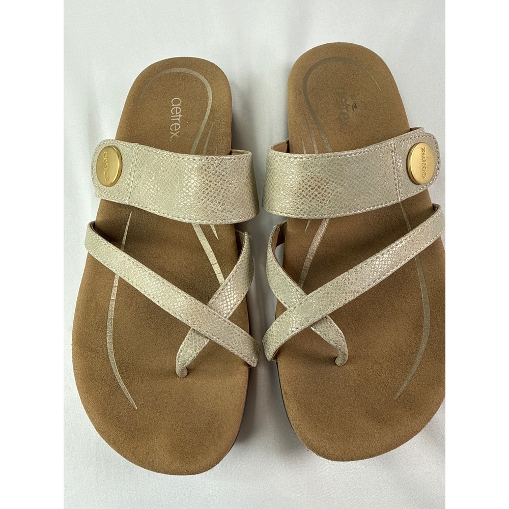 Aetrex Izzy SE224W Champagne Metallic Orthotic Slide Sandals Women 7 EU 37